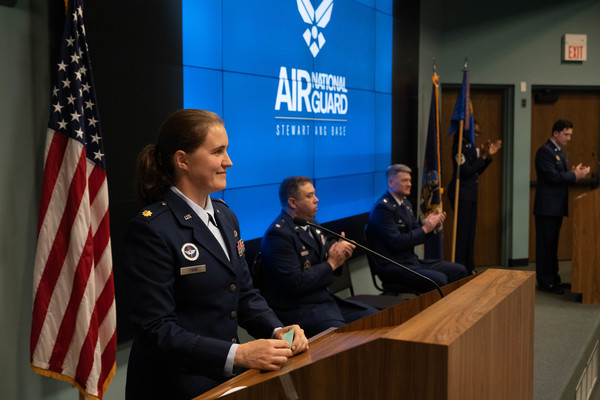 Maj. Gemma Fiduk, incoming commander of the 105th Civil Engineer Squadron, addresses Airmen from the 105th CES and 105th Airlift Wing for the first time as commander during a change of command ceremony at Stewart Air National Guard Base, New York, June 7, 2026. Fiduk assumed command of the squadron from Lt. Col. Benjamin Thomas, outgoing commander of the 105th CES. (U.S. Air National Guard photo by Airman Anthony Wilson)