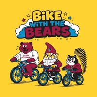 A cartoon shows Max C. Bear, a gnome and a squirrel wearing SUNY Potsdam gear and riding bikes.