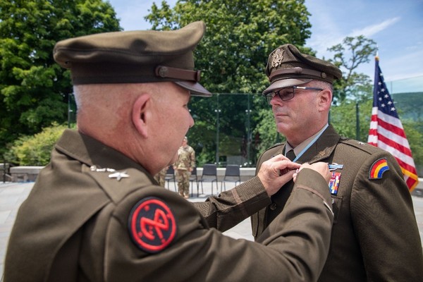 Army Brigadier General Christopher Cronin, the deputy commanding general of maneuver, 42nd Infantry Division, New York National Guard is awarded the Legion of Merit Medal by Major General Ray Shields, the adjutant general of New York, during his retirement ceremony on June 14, 2026, at the United States Military Academy at West Point, New York. Cronin concluded 35 years of military service to this nation. (U.S. Army National Guard photo by Spc. Stuart Martin)