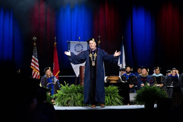 Belmont President Dr. Greg Jones addressing graduating Class of 2026.