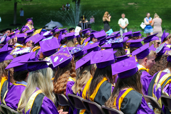 A group of EC graduates is viewed from behind. The students are seated and wearing purple and gold caps and gowns. Some of the caps are decorated. 
