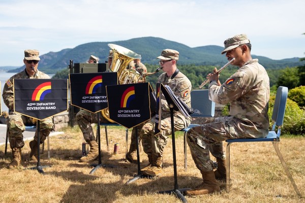 Members of the New York Army National Guard's 42nd Infantry Division Band perform during a ceremony held a the United States Military Academy at West Point on June 14, 2026. The Band will be playing at concerts across New York from June 25 to July 4. ( U.S. Army National Guard Photo by Major Rolando Sierra)