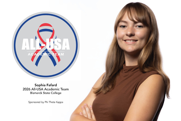 Female student standing with arms crossed beside the All-USA Academic Team logo.