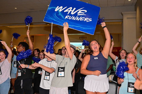Students celebrate during IMPACT new student orientation at Troy University.