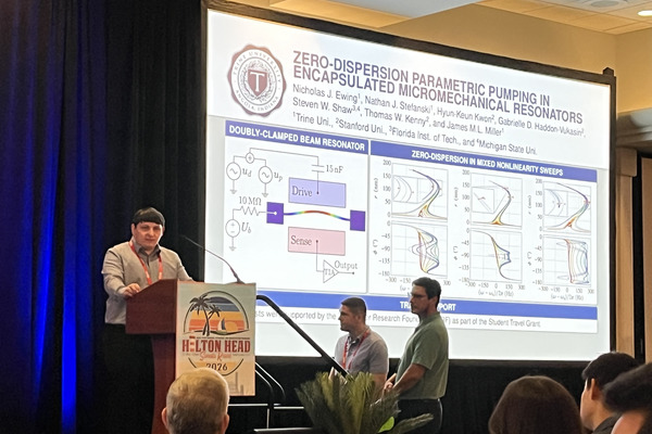 Trine University mechanical engineering student Nicholas Ewing speaks at the Solid-State Sensors, Actuators, and Microsystems Workshop.