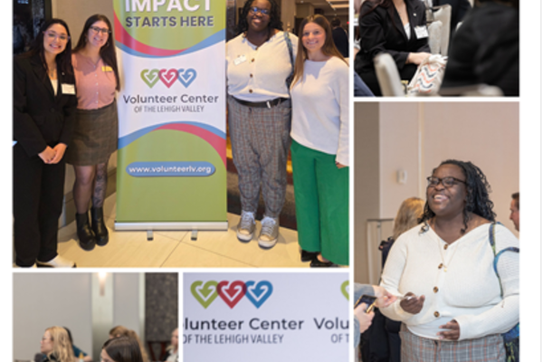 This is a collage of photos of students in different scenes at a conference.