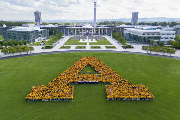 University at Albany's Class of 2026 poses together on the upper campus to make its iconic "A." 