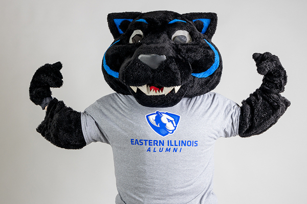 EIU Mascot Billy the Panther sports an EIU Alumni shirt. Following EIU's most recent Spring 2026 Commencement Ceremonies, Billy is encouraging new or established EIU alumni to join or renew their memberships to the EIU Alumni Association by calling 800-ALUM-EIU (800-258-6348).