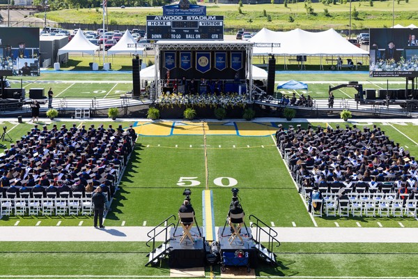 An overhead shot of Atwood Stadium in Flint, Michigan, during Kettering University's 2026 Commencement. 