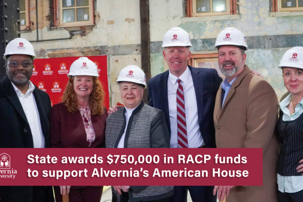 Alvernia senior leaders at the February 2026 American House groundbreaking. From left: Rodney S. Ridley, Ph.D., RTTP; Glynis A. Fitzgerald, Ph.D.; Sister John Ann Proach, OSF; Thomas Minick ‘98, MBA ‘10; John McCloskey, DBA; Adelle Schade, Ph.D. 