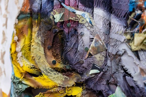 Work by Ani Brutus, an interdisciplinary artist of Haitian-Filipino descent, working across print, paint, textile, and assemblage.  