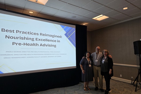 From left, Angela Bojrab, DPM, director of Trine University’s pre-health professions and direct entry programs, Gregg Henderschiedt, pre-health coordinator for the University of Florida Honors Program, and Amber Charlebois, director of pre-health professions at the Rochester Institute of Technology, presented on best practices in health professions advising at the National Association of Advisors for the Health Professions (NAAHP) national conference.
