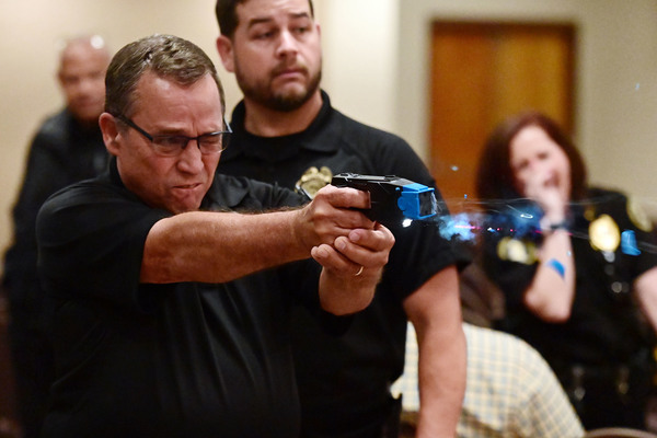 Northeast Mississippi Community College Campus Police Officer Mike Stahl fires a Taser during annual recertification training under the direction of Northeast Chief of Campus Police Jason Jackson on the college's Booneville campus. Officers completed classroom instruction and hands-on exercises covering proper deployment, legal and ethical considerations, equipment readiness and scenario-based decision-making designed to reinforce the safe and effective use of energy devices as a de-escalation tool.  