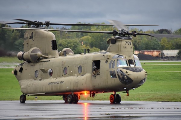 A CH-47F Chinook helicopter assigned to Bravo Company of the 3rd General Support Helicopter Battalion, 126th Aviation Regiment,  takes off from the Frederick Douglas Greater Rochester International Airport on Wednesday, Sept. 28, 2022 heading for Jacksonville Florida to provide support to the Florida National Guard asHurricane Ian headed for the state.  Two of these helicopters will train with the Canadian Army Reserve at Canadian Forces Base Petawawa from August 20 to 30.