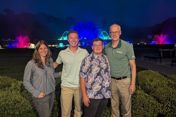 Micah High and Mathew Fleischacker join DelVal’s incoming class from the Longwood Gardens Professional Horticulture program through DelVal’s articulation agreement with Longwood Gardens. (L-R: Leirion Sorensen ’03, Chanticleer Garden, Micah High, Mathew Fleischacker, Dr. Doug Linde, DelVal professor of turf management)