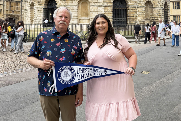 Lindsey Wilson University counseling professor Ed Gunberg and Mahalia Cain of Williamsburg, Kentucky, who is a student in Lindsey Wilson’s counselor education and supervision doctoral program, stand in front of the Radcliffe Camera, an iconic landmark in Oxford, England. Built in the 18th century, the building is connected by the underground Gladstone Link to the Bodleian Library, the main research library of the University of Oxford and one of the oldest libraries in Europe. Gunberg and Mahlia were at Oxford to present work at the International Association of Psychology and Counseling’s 2026 Oxford Institute for Global Education and Clinical Practice in Psychology and Counseling.