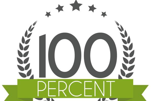 White graphic with text "100 Percent" in gray and green