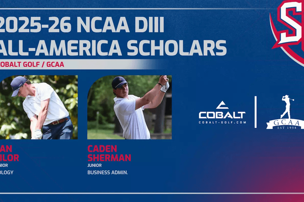 Blue and red graphic recognizing two Shenandoah golfers as NCAA DIII All-America Scholars, with images of both individuals.