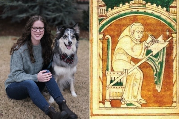 Student poses with dog next to an illustration of Lawrence of Durham