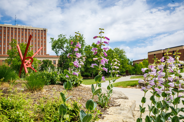 Colorful flowers are seen near the "Old Glory" sculpture, Burnett Hall, Oldfather Hall and Love Library North on a partly cloudy day.