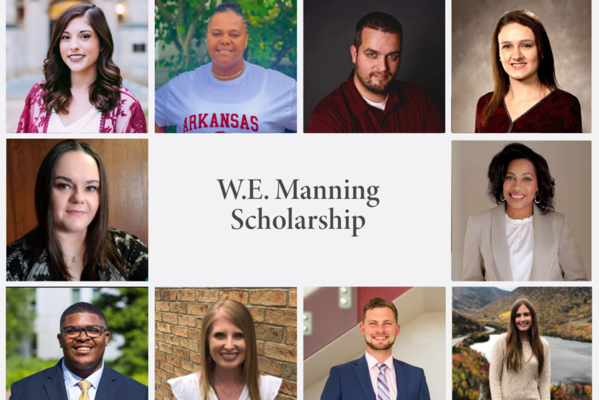 Students headshots are displayed in a square around the text W.E. Manning Scholarship