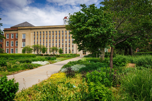 The Love Library South garden on a partly cloudy day.