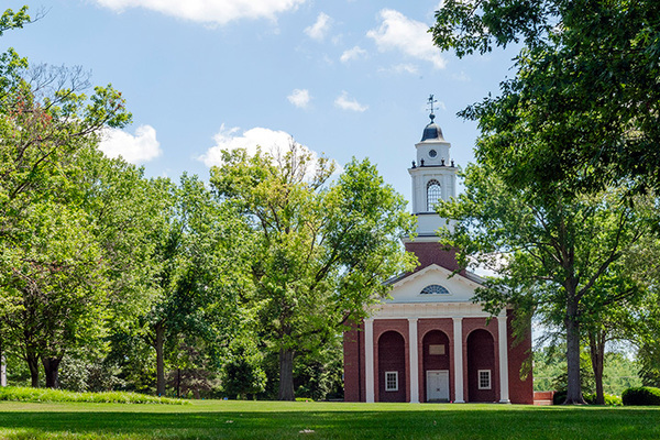 Pioneer Chapel sits at the heart of the Wabash College campus in Crawfordsville, Indiana.