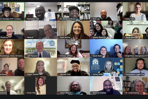 A screenshot of the virtual pinning ceremony for graduate students in the Lindsey Wilson University School of Professional Counseling, held online on Wednesday evening, Aug. 12.