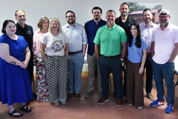 A group of Lindsey Wilson University faculty and staff members met on Wednesday, Aug. 12, to discuss ways the university can better help its undergraduate students discover their vocation. The initiative, which is funded by a Network for Vocation in Undergraduate Education grant, will be developed during the 2026-27 school year with the hope that it will lead to programming that can be utilized across the university. Pictured, from left: Director of Alumni Relations Allison Cross ’09; Vice President for Academic Affairs Ray Lutgring; Art Instructor Kristyne Gilbert; School of Arts and Humanities Dean Allison Smith; Chaplain the Rev. Tyler Brumfield; Sustainability & Energy Applications Instructor Evan Mahanna ’22; Assistant Dean of Students Abe Cross; Dean of Students Chris Schmidt; Director of the Bonner Scholar Program and Civic Engagement and Leadership Yayi Sonnabend '23; School of Business and Communication Dean Benson Sexton '04; guest speaker Brady Banks of Nolensville, Tenn.