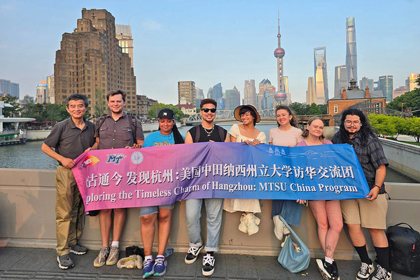 From left, MTSU professor of linguistics and Chinese Jun Da and students visit Shanghai, China, during MTSU’s faculty-led study abroad program.