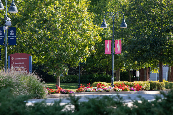 The entrance to campus is in full summer bloom. 