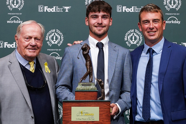 Pictured from left are Jack Nicklaus, Jack Whaley receiving the 2025 Jack Nicklaus Award, and Ben Rickett, Dalton State athletic director and men's golf coach