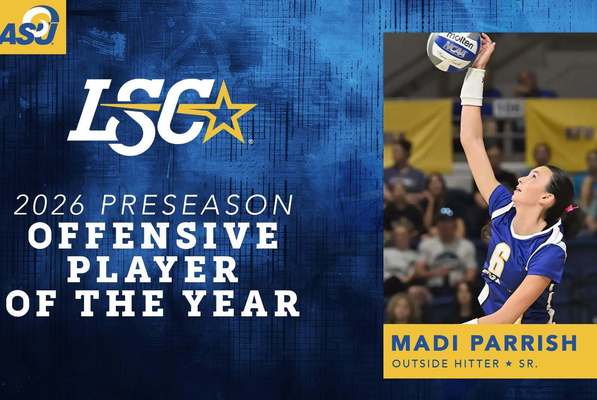 LSC Preseason Offensive Player of the Year graphic including action photo of Angelo State's Madi Parrish