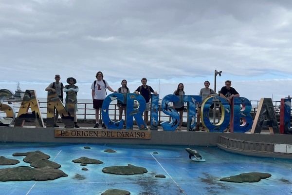 Dr. Michael Freake is shown here with his group on San Cristobal Island.