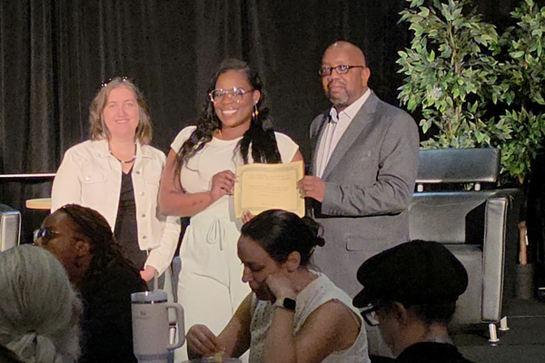 From left, are Hillary Kane, executive director of PHENND; Saroya Royster, former teacher at Simon Gratz and Bloomsburg alumna; and Ralph Godbolt, CU executive director of access and engagement/Act 101.