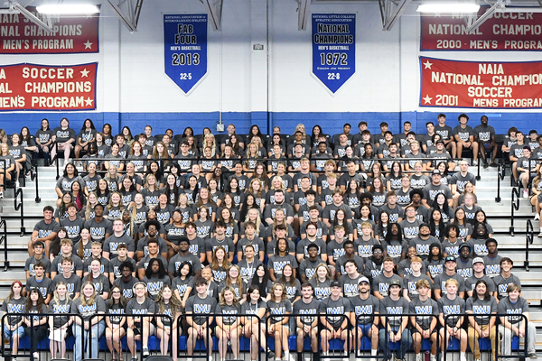 Members of the Lindsey Wilson University Class of 2023 gather Saturday, Aug. 22, in Biggers Sports Center. Lindsey Wilson has more than 500 new students this school year.