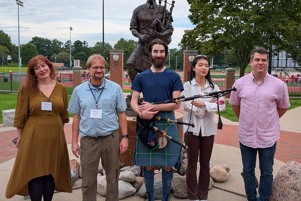 NEW FACULTY: Four new faces, along with the familiar face of bagpiper Orin Weiss '29, are pictured during new faculty orientation activities earlier this week. From the left are Carissa Murphy '04, Marco Wiedenhoeft, Lexi Gao and Rodrigo Dalvit. Murphy will teach accounting, while the other three are part of the School of Engineering, Sciences and Innovation.