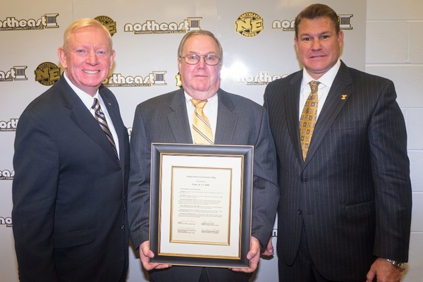Northeast Mississippi Community College alumni Dr. William "Bill" G. Jackson (center) is congratulated by then college president Dr. Johnny L. Allen (left) and Northeast Development Foundation and Alumni Association executive director Patrick Eaton after being inducted into the college's Alumni Hall of Fame