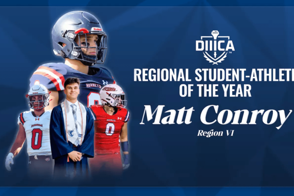 A blug regional student-athlete of the year graphic with football and graduation images of Matt Conroy.