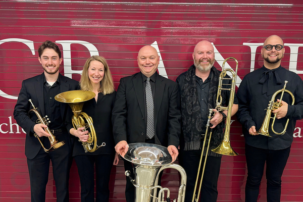 SUNY Potsdam’s Crane School of Music will open the 2026-27 concert season with the Faculty Gala, on Tuesday, Sept. 8 at 7:30 p.m. From left to right:  Potsdam Brass Quintet members Christopher Keach (trumpet), Lauren Becker (horn), Charles Guy (tuba), Christopher Hernacki (trombone), and Luke Spence (trumpet) will join an impressive group of faculty on stage at Hosmer Hall.