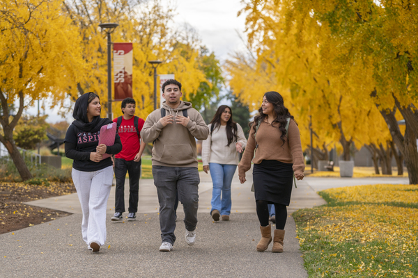 Five Stanislaus State students walk together along a campus path lined with trees displaying bright yellow leaves.