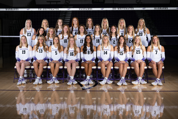 A posed photo of a college volleyball team.