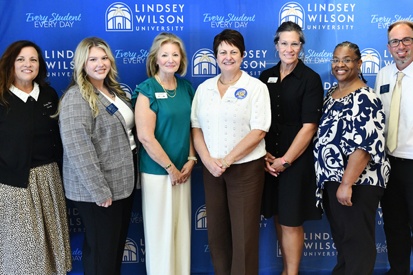 Members of Hazard Community & Technical College and Lindsey Wilson University gathered Tuesday, Sept. 1, at First Federal Center on the Hazard CTC HWY 15 Campus to celebrate the 24-year partnership between Hazard Community & Technical College and Lindsey Wilson. From left: LWU Associate Vice President for Educational Outreach Tommie Saragas; LWU Enrollment Coordinator Leanna Perkins; University Center of the Mountains Executive Director Tammy Duff; Hazard CTC Vice Chancellor of Student Services Deronda Mobelini; Kentucky Community & Technical College System Associate Vice President of Academic Policy, Programs, and Governance Tyra Frick; LWU Regional Academic Director Kimberly Brown; and LWU Educational Outreach Director of Enrollment Ryan Vitatoe.