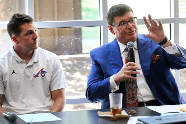 Lindsey Wilson University President William T. Luckey Jr. makes a point as Adair County School District Athletic Director Tyler Maskill ’21 looks on during the inaugural “Lunch & Learn,” sponsored by the university’s sport performance program, on Thursday, Sept. 3, in the university’s Roberta D. Cranmer Dining & Conference Center.