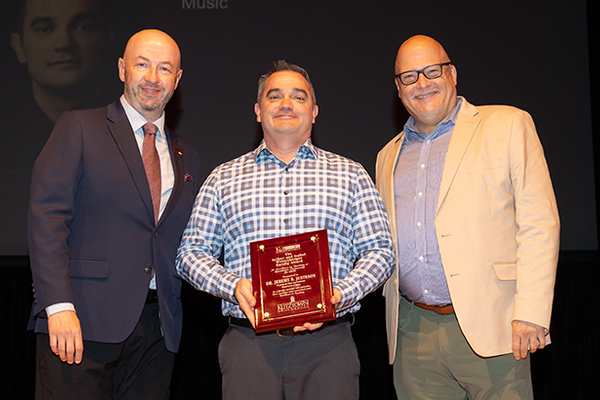 Photo (L to R): Alex Ogeka, executive director, KU Foundation; Dr. Jeremy Justeson, department chair, Music; Dr. Philip Cavalier, university president.