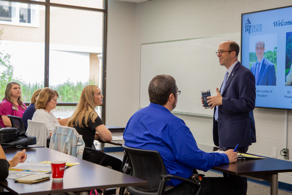 Dalton State President John Fuchko welcomes new faculty during new faculty academy (NFA) orientation. NFA is a year-long program designed to welcome, prepare and support faculty as they transition into the college community and develop engaging learning environments for students.