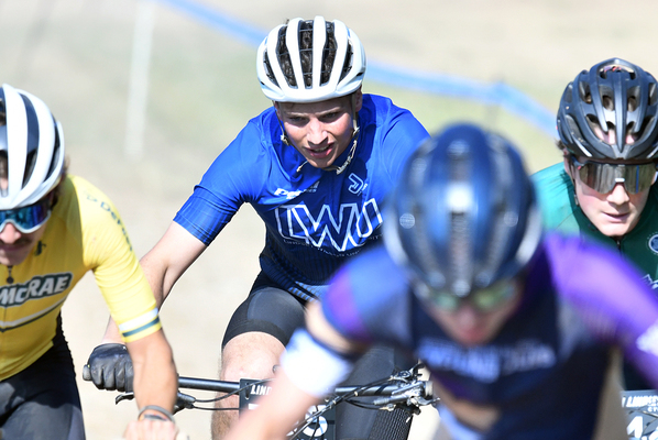 Lindsey Wilson University junior Noah Hidley of Spring Hill, Tennessee, center, competes on Saturday, Sept. 5, in the Lindsey Wilson University MTB Showdown, held Sept. 5-6 at Green County’s Bluff Boom Trails. The two-day meet drew 158 college cyclists from 13 colleges and universities.