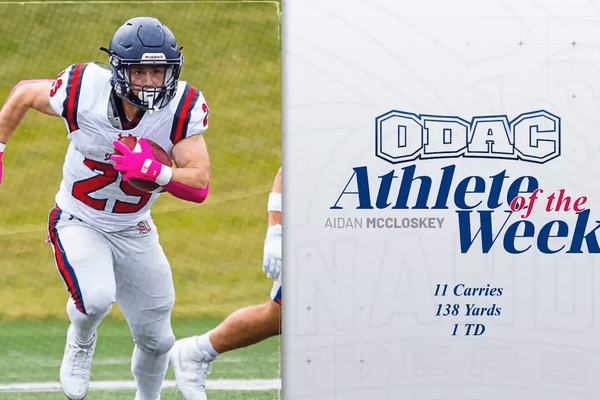 ODAC Athlete of the Week graphic featuring an action photo of Shenandoah running back Aidan McCloskey.