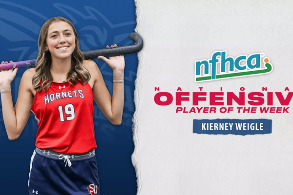 A graphic promoting the NFHCA Offensive Athlete of the Week with an image of field hockey player Kierney Weigle.