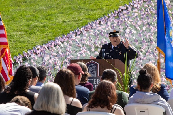 Retired fire chief Nick DeLia addressed the crowd.